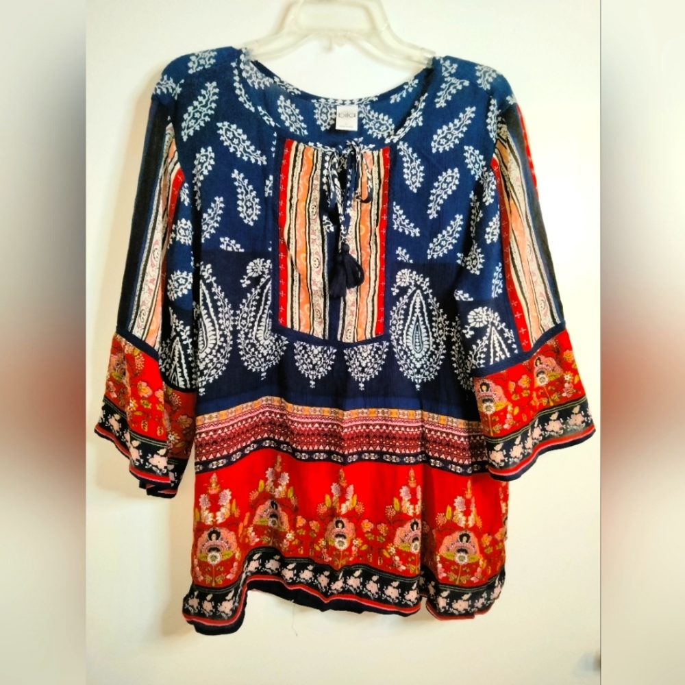 Bila (Size L) Multicolored Mixed Print Boho Bell Sleeves Tassel Keyhole Top